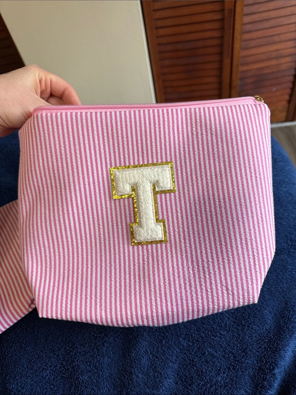 Pink and White Striped Cosmetic Pouch Duo with Gold 'T' Accent